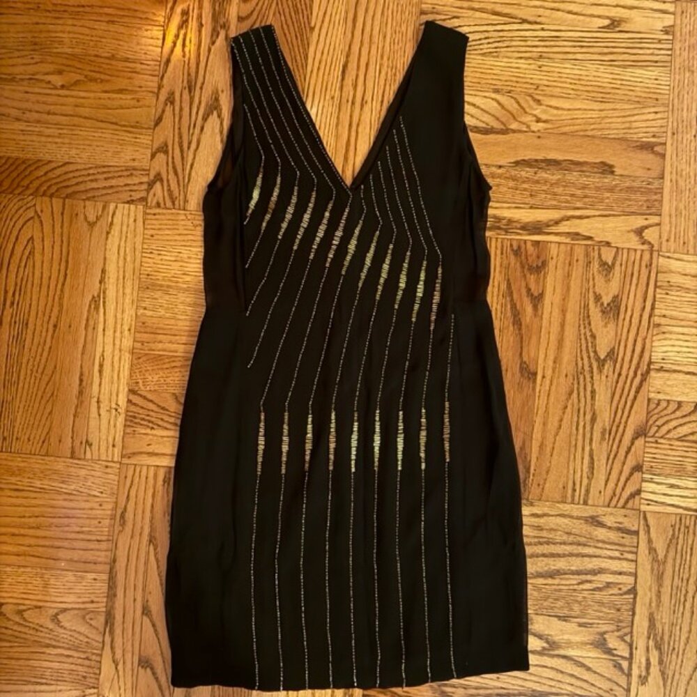 French Connection V-neck gold and black beaded shift dress, size 2